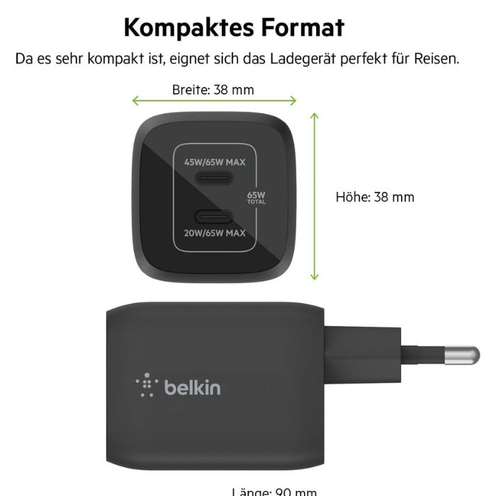 Belkin 65W USB C Charger with 2 Ports, Fast Charging with Power Delivery 3.0