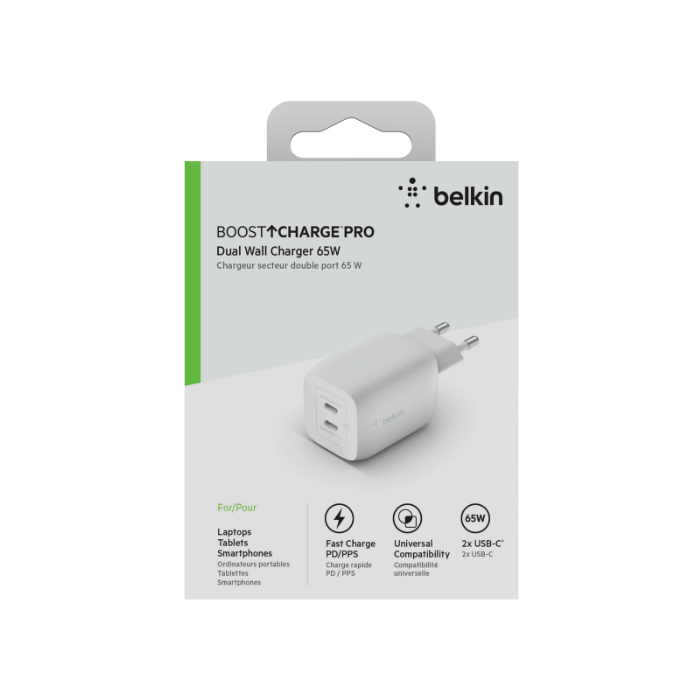 Belkin 65W USB C Charger with 2 Ports, Fast Charging with Power Delivery 3.0