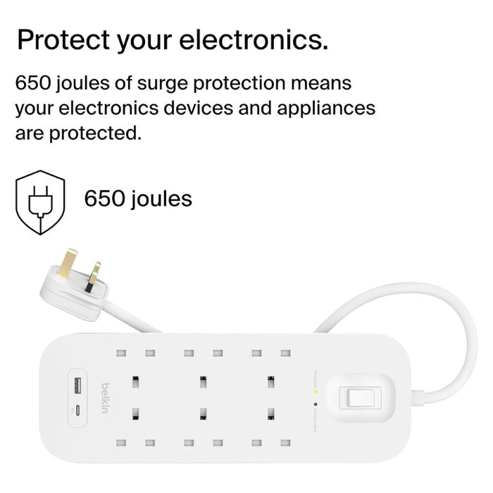 Belkin 6-Outlet Surge Protector Power Strip, Wall-Mountable with 6 AC Outlets, 2M