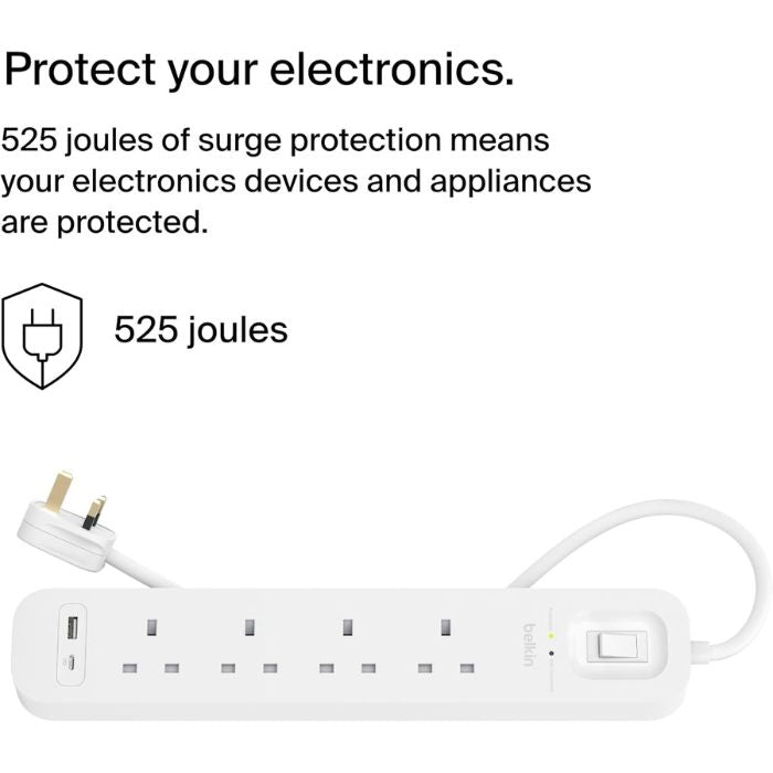 Belkin 4-Outlet Surge Protector Power Strip, Wall-Mountable with 4 AC Outlets, 2M